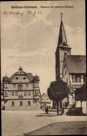 Ak Wolframs Eschenbach in Midden-Franken, stadhuis en Wolfram-monument