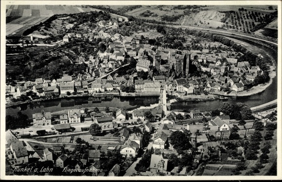 Postcard Runkel an der Lahn, total view of the village, aerial photograph