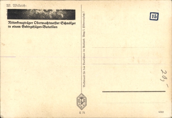 Artist Postcard Willrich, W., Knight's Cross holder Oberwachtmeister Schmölzer, Mountain Infantry Battalion, VDA