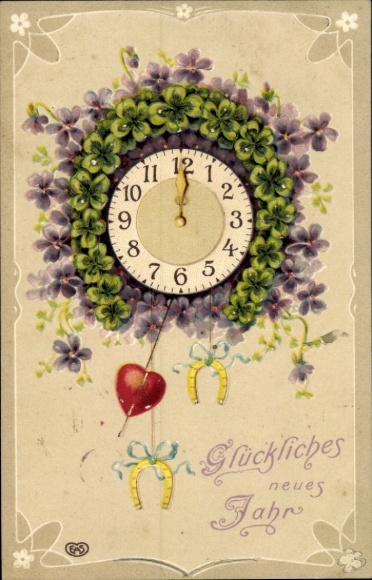 Embossed Chromo-Litho Happy New Year, Clock, Horseshoe, Clover Leaves, Heart, EAS
