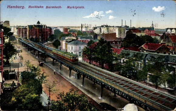 Postcard Hamburg Nord Barmbek, market square, elevated railway