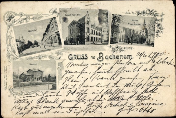 Postcard Bockenem in Lower Saxony, train station, market square, imperial post office, church, war memorial