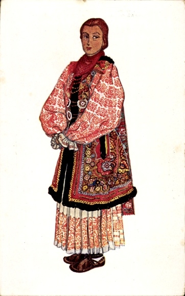 Artist Postcard Croatian Folk Costume, Woman, Red Dress