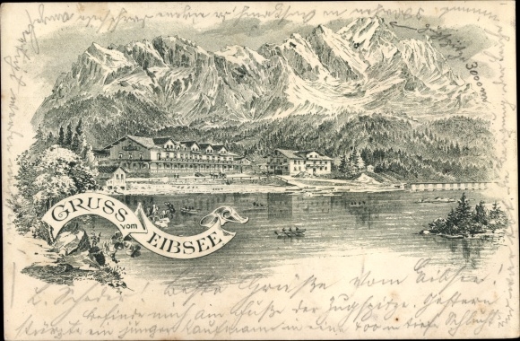 Chromo-Litho Grainau in Upper Bavaria, Eibsee, Hotel, Zugspitze