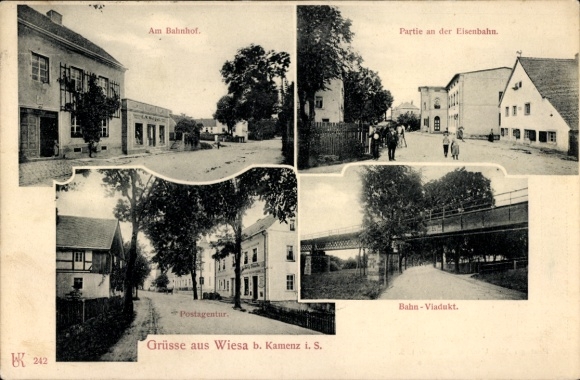 Ak Wiesa Kamenz in der Lausitz, Bahnhof, Eisenbahn, Postagentur, Viadukt, Postkarte