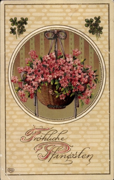 Embossed Postcard Congratulations Pentecost, flowers, lucky charm