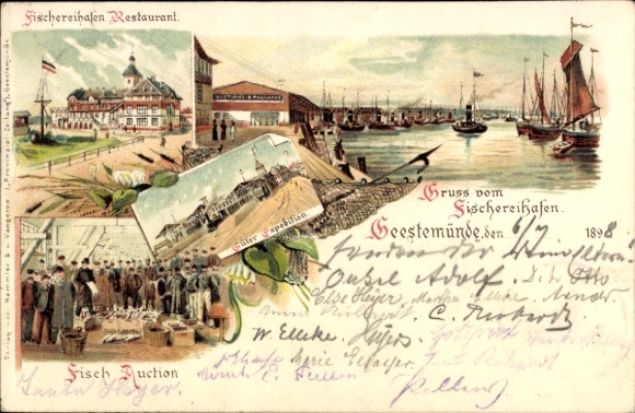 Litho Geestemünde Bremerhaven, Fischereihafen, Restaurant, Fischauktion, Güterexpedition