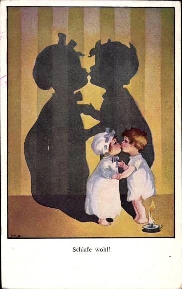 Artist PC Zahl, Hans, sleep well, children in nightgowns, shadows