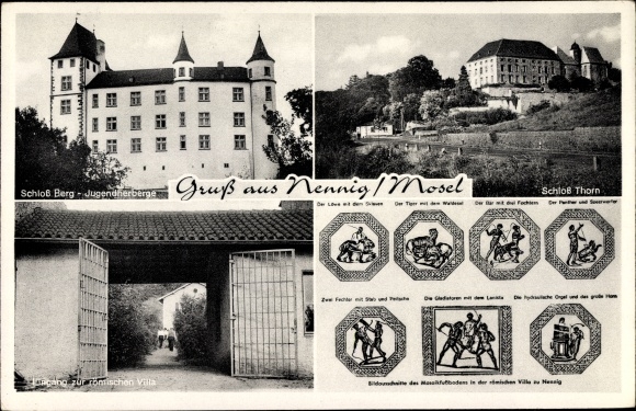 Postcard Nennig Perl an der Mosel, Schloss Berg, youth hostel, Schloss Thorn, Rome. Villa, mosaics