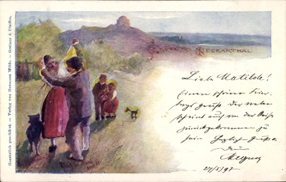 Artist Chromo-Litho Dancing Couple in the Neckar Valley