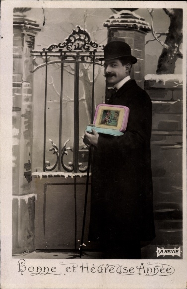 Postcard Happy New Year, man in coat with bowler hat