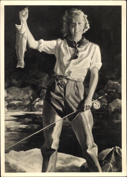 Artist PC Engelhard, Jul. U., sports fisherman, woman with rod and fish, HDK 422