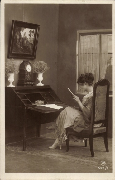 Postcard Woman Reading, Clock, Letter, Desk