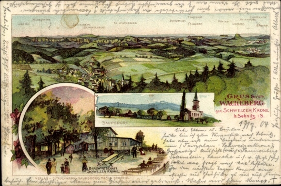 Chromo-Litho Saupsdorf Sebnitz Saxony, Wacheberg, mountain inn Swiss crown