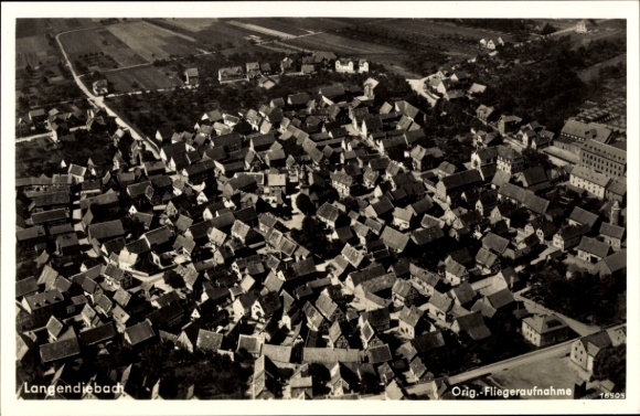 Postcard Langendiebach Erlensee in Hesse, aerial photograph, view of houses, black and white photo, town view