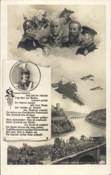 Postcard Kaiser Wilhelm II, Bismarck, Frederick the Great, Blücher, Kaiser Friedrich, Moltke, airship