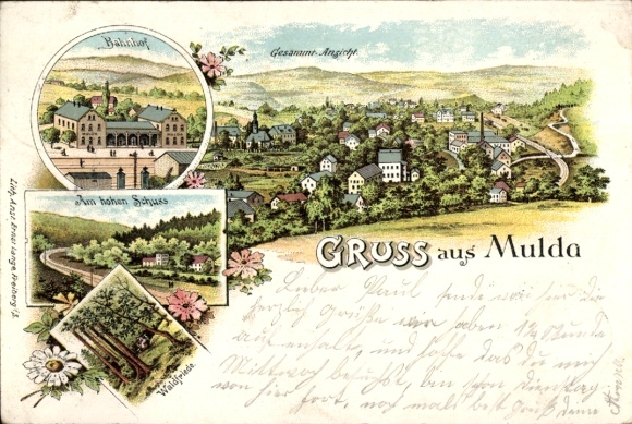 Chromo-Litho Mulda in the Erzgebirge, train station, Am hoch Schuss, Waldfriede, panorama
