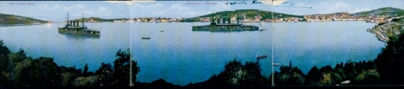 Ganzsachen Klapp Ak Mali Lošinj Lussinpiccolo Kroatien, Panorama, Kriegsschiffe