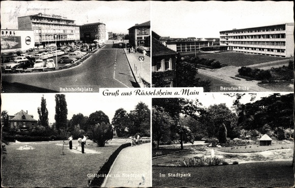 Postcard Rüsselsheim am Main Hessen, vocational school, city park, mini golf course, station square, Opel advertising