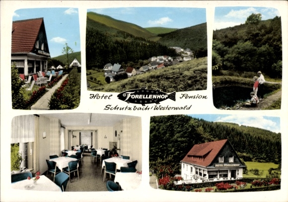 Postcard Schutzbach in the Westerwald, Hotel Forellenhof, interior view, panorama