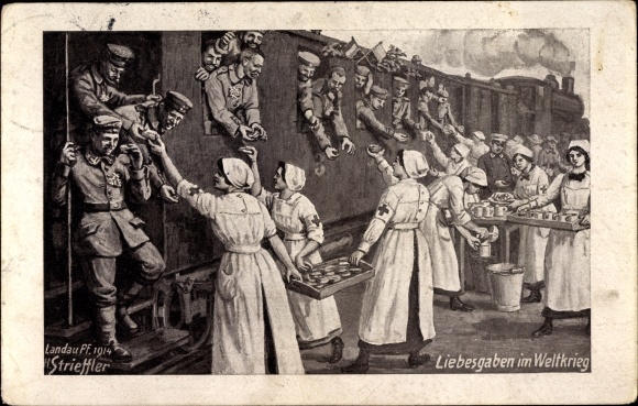 Artist PC Strieffler, gifts of love in the world war, soldiers go to war, train station, Red Cross