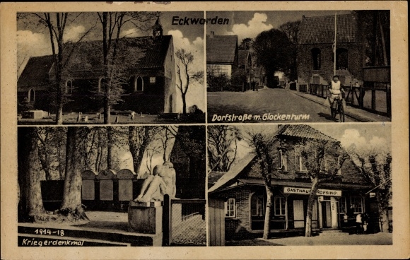 PC Eckwarden Butjadingen Wesermarsch, war memorial, village street with bell tower, inn
