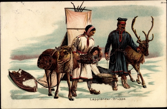 Chromo-Litho Laplander group, costumes, reindeer