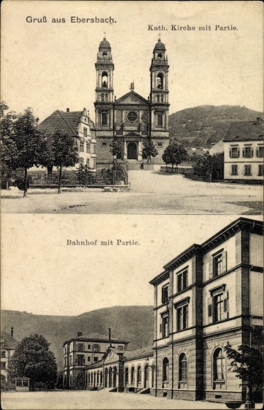 Ak Ebersbach an der Fils, Katholische Kirche, Straßenpartie am Bahnhof