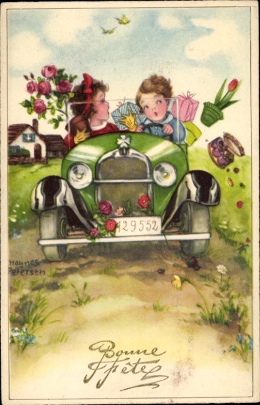 Kunstenaar Ak Petersen, H., Gefeliciteerd, kinderen in de auto, weldoeners, cadeaus