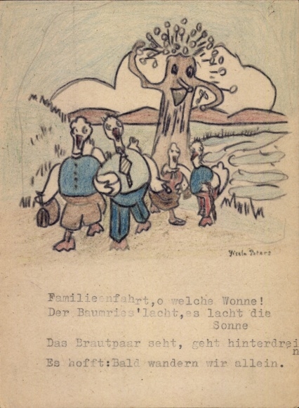 Hand-painted Postcard Humanized ducks, humanized tree