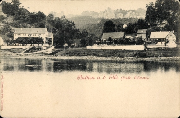Ak Rathen an der Elbe Sächsische Schweiz, Blick auf Häuser am Elbufer, Landschaft, Sächsische ...