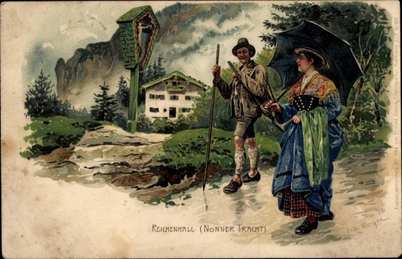 Kunstenaar litho Bergen, Fritz, Bad Reichenhall in Opper-Beieren, Nonner-kostuum