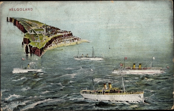 Ak Helgoland in Schleswig Holstein, Blick auf die Insel aus der Vogelschau, Dampfer