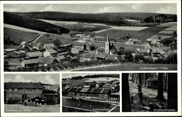 Postcard Güttersbach Mossautal in the Odenwald Hesse, swimming pool, Siegfried fountain, Gasthaus zur Krone