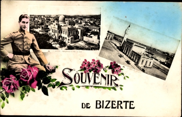 Postcard Bizerte Tunisia, soldier with town hall and train station