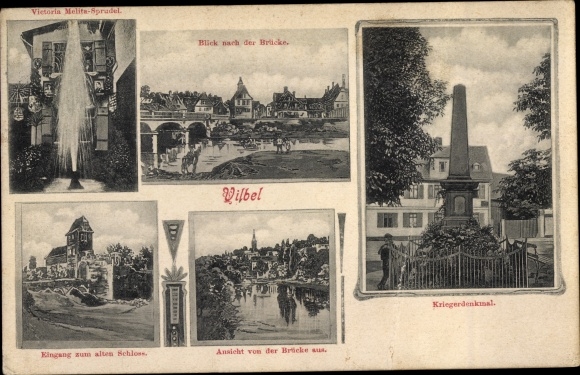 Ak Bad Vilbel in Hessen, oorlogsmonument, brug, kasteel, Victoria Melita bruisend water