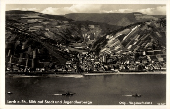 Postcard Lorch in Rheingau Hessen, aerial photography, youth hostel
