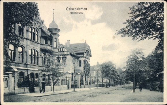 PC Gelsenkirchen in the Ruhr area, front side shows Weststraße in buildings, trees
