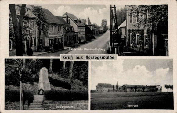 Postcard Herzogswalde Wilsdruff Saxony, country road Dresden - Freiberg, war memorial, manor