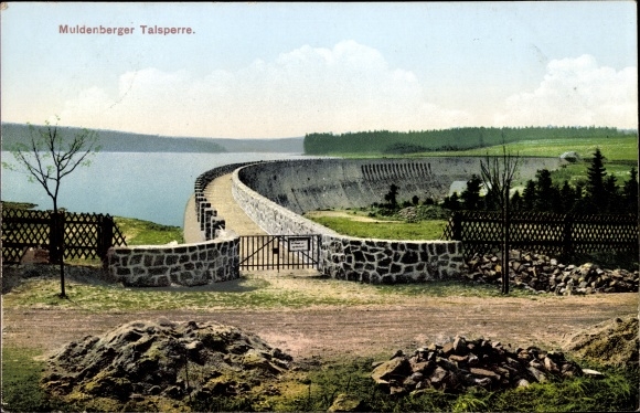 Postcard Muldenberg in Saxony, view of the dam, barrier wall