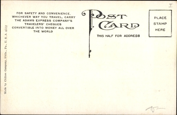 Postcard Current Features of Travel, Adams Express Company's Travellers