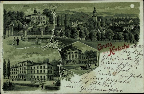 Moonlight Chromo-Litho Kreischa in the Ore Mountains, Kurhaus Dr. Bartels, branch office, castle
