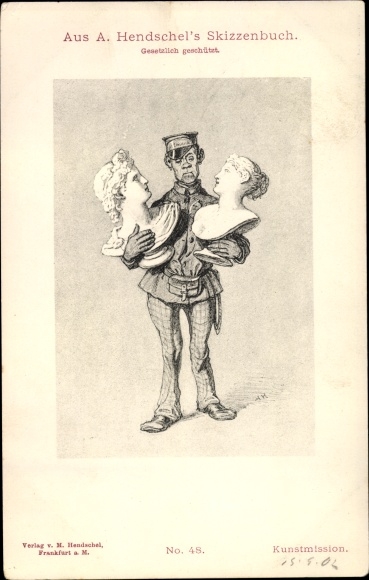 Kunstenaarskaart Hendschel, Albert, kunstmissie, man in uniform met borstbeelden