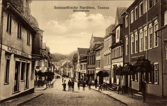Postcard Nastätten im Taunus, Römerstraße, shop HJ Peters
