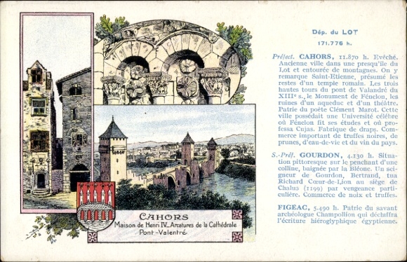 Künstler Ak Cahors Lot, Maison Henri IV, Amatures de la Cathédrale, Pont Valentré, Pastilles Valda