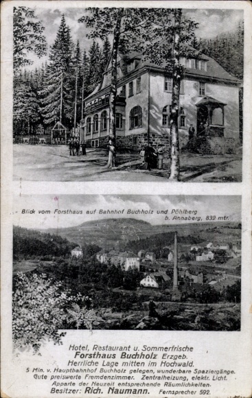 Postcard Köthen Märkisch Buchholz, Köthener See, Forsthaus, Buchholz train station, Pöhlberg, hotel, restaurant...