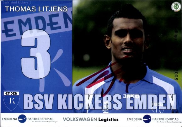 Karta autografu piłkarza Thomasa Litjensa, BSV Kickers Emden, autograf