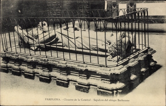 Postcard Pamplona Navarra, sculpture of Bishop Barbazana, cage, cathedral, Pamplona