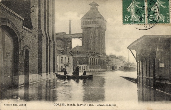 Ak Corbeil Essonne, Hochwasser in  Januar 1910. Große Mühlen