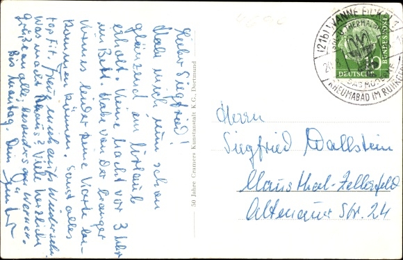 Postcard Wanne Eickel Herne in the Ruhr area, train station, thermal baths, main street, port, savings bank